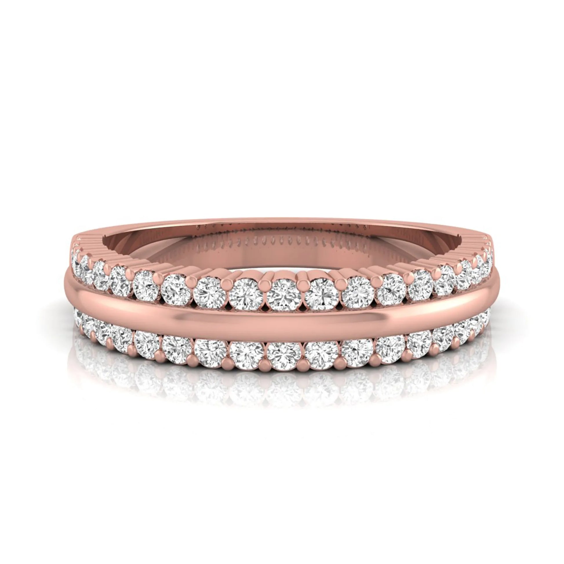 Three row lab grown diamond band featuring a polished gold center ribbon between two rows of round brilliant diamonds in rose gold