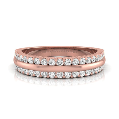 Three row lab grown diamond band featuring a polished gold center ribbon between two rows of round brilliant diamonds in rose gold