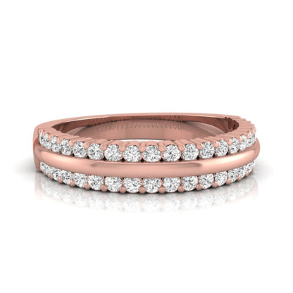 Three row lab grown diamond band featuring a polished gold center ribbon between two rows of round brilliant diamonds in rose gold