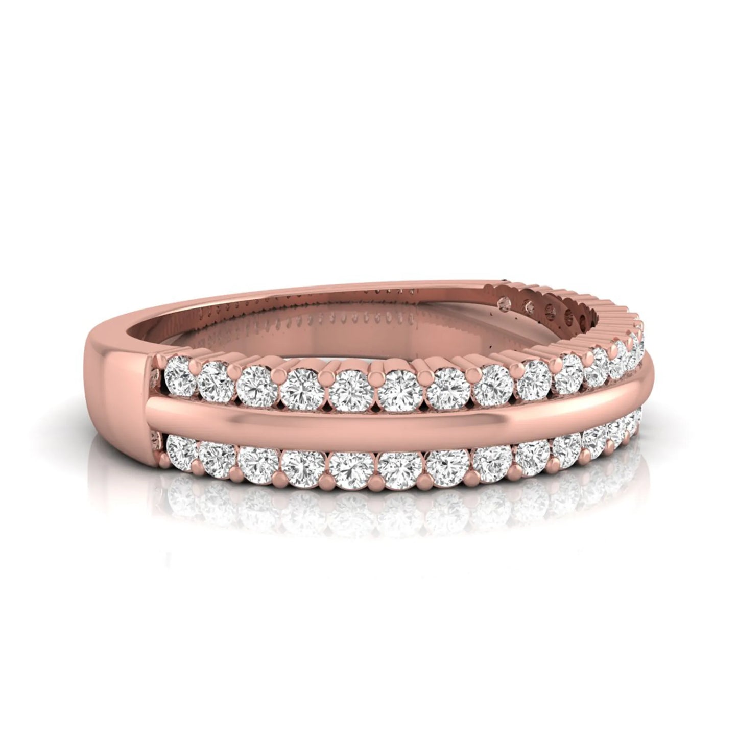 Three row lab grown diamond band featuring a polished gold center ribbon between two rows of round brilliant diamonds in rose gold