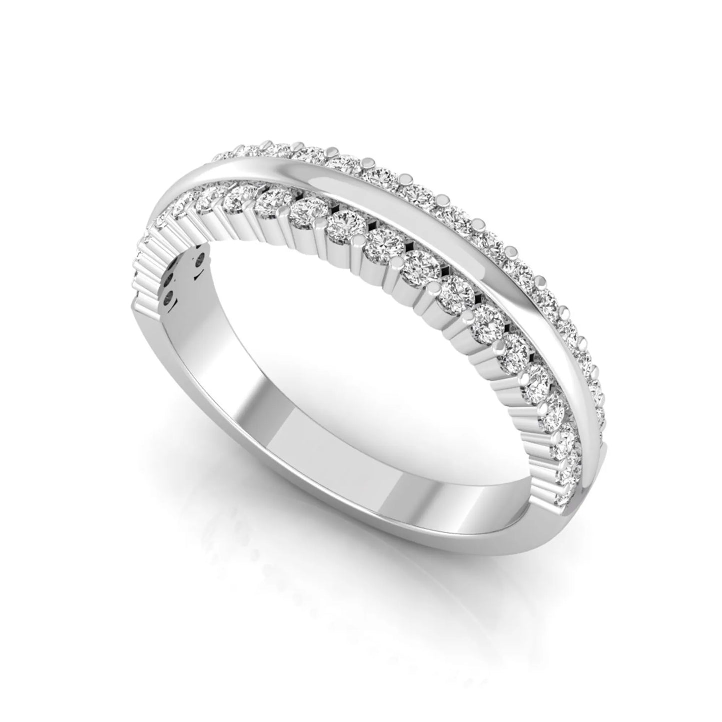 Three row lab grown diamond band featuring a polished gold center ribbon between two rows of round brilliant diamonds in white gold