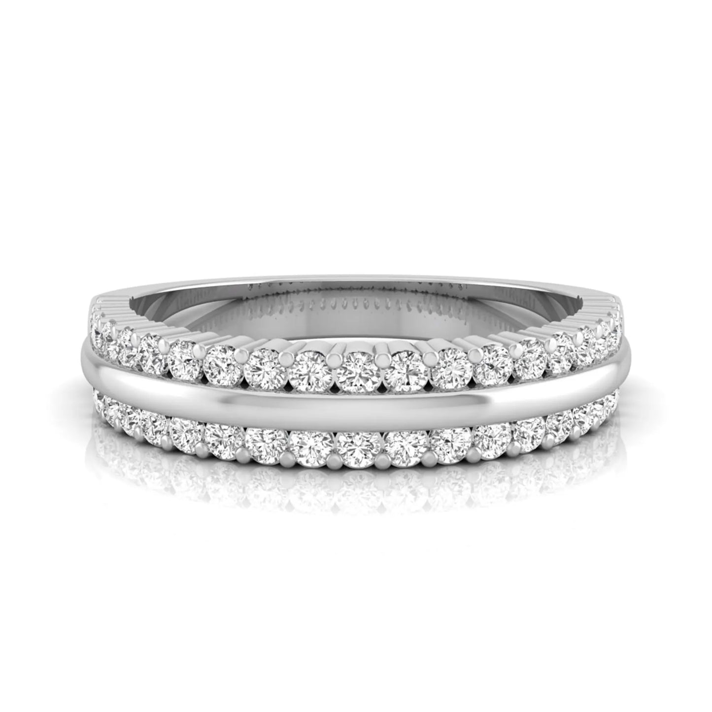 Three row lab grown diamond band featuring a polished gold center ribbon between two rows of round brilliant diamonds in white gold