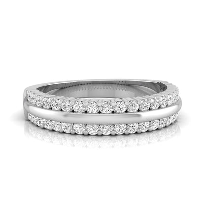 Three row lab grown diamond band featuring a polished gold center ribbon between two rows of round brilliant diamonds in white gold