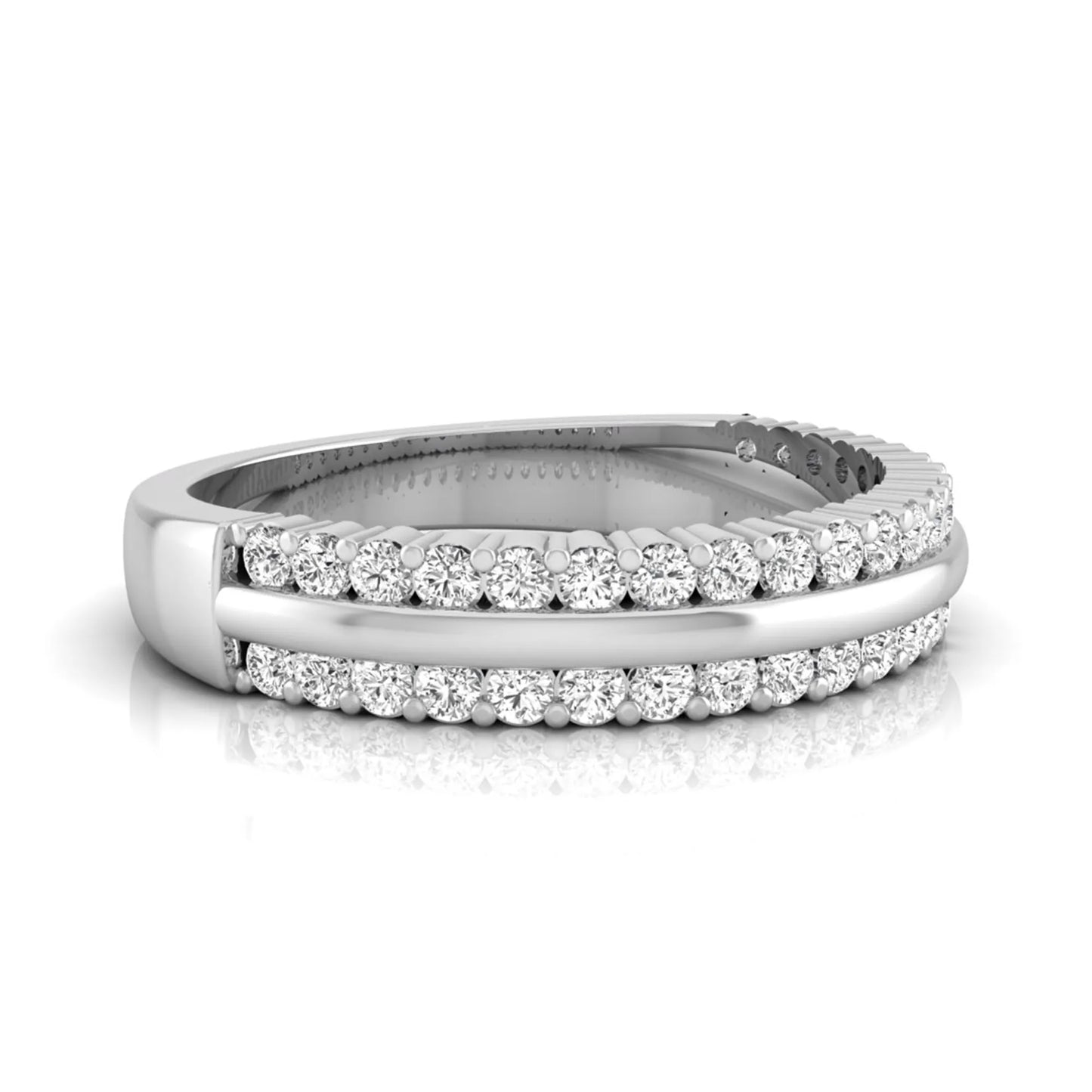 Three row lab grown diamond band featuring a polished gold center ribbon between two rows of round brilliant diamonds in white gold