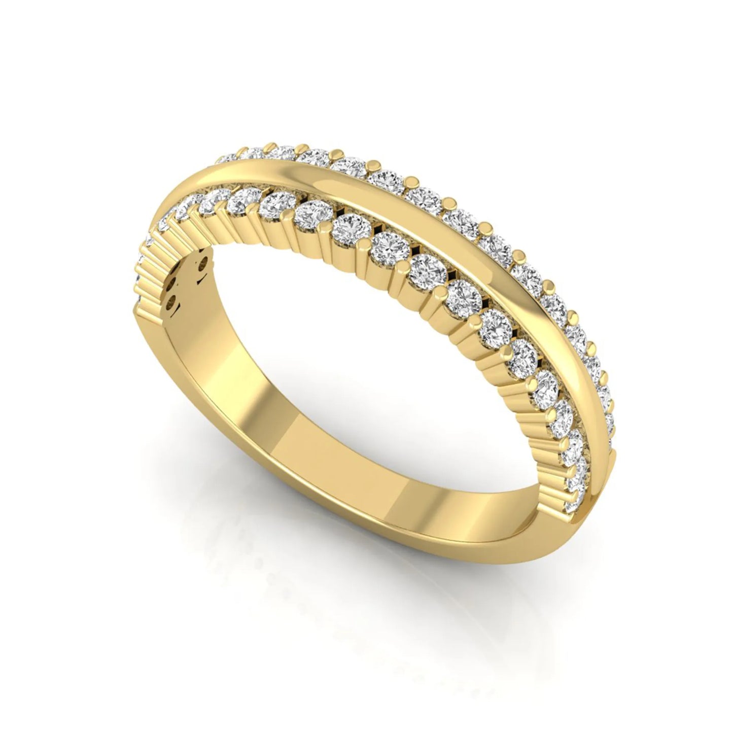 Three row lab grown diamond band featuring a polished gold center ribbon between two rows of round brilliant diamonds in yellow gold