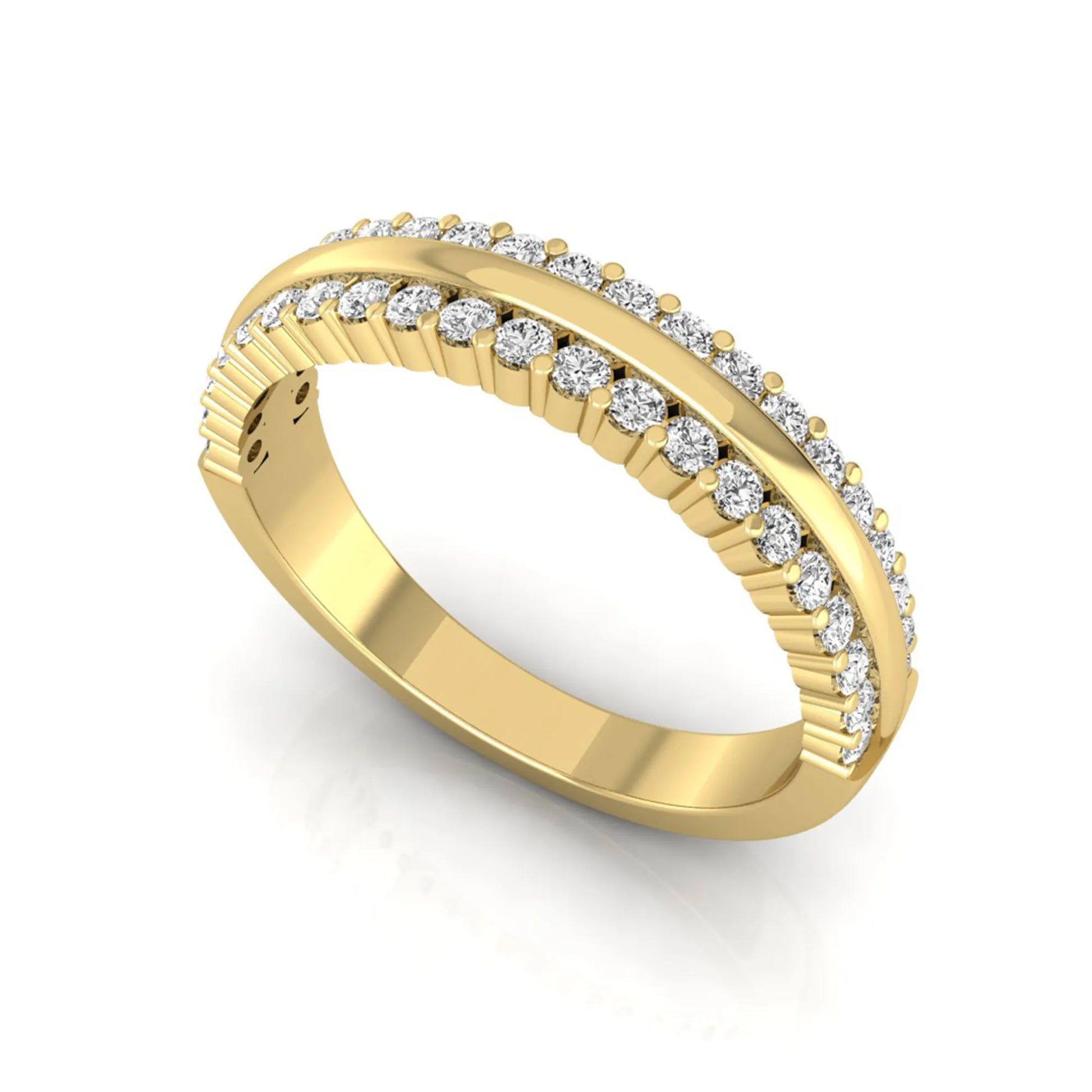 Three row lab grown diamond band featuring a polished gold center ribbon between two rows of round brilliant diamonds in yellow gold