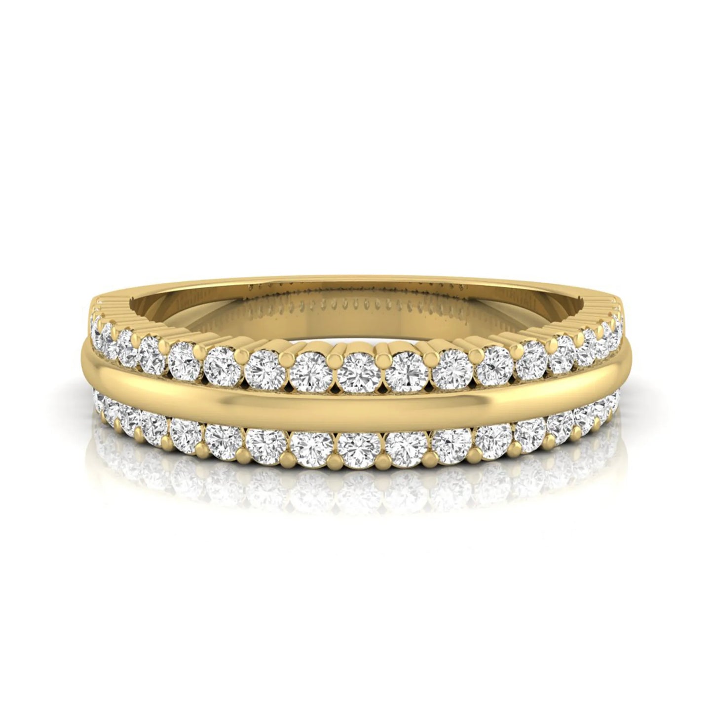 Three row lab grown diamond band featuring a polished gold center ribbon between two rows of round brilliant diamonds in yellow gold