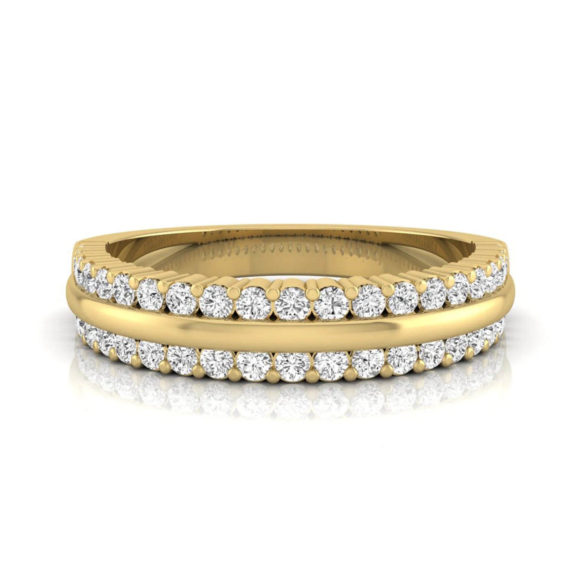 Three row lab grown diamond band featuring a polished gold center ribbon between two rows of round brilliant diamonds in yellow gold