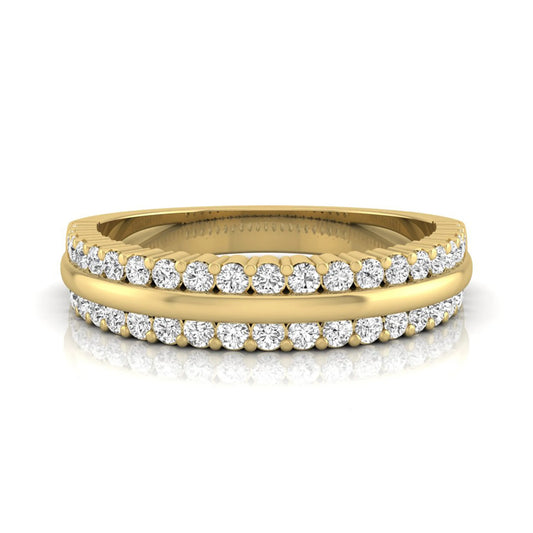 Three row lab grown diamond band featuring a polished gold center ribbon between two rows of round brilliant diamonds in yellow gold