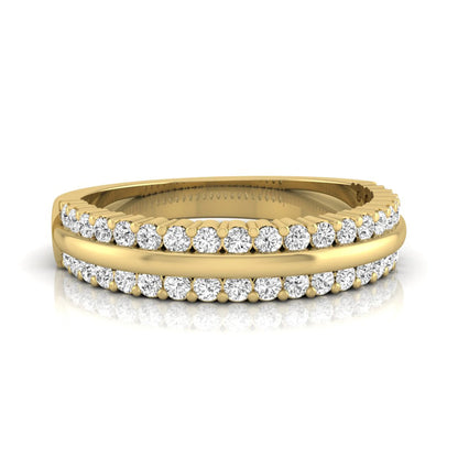 Three row lab grown diamond band featuring a polished gold center ribbon between two rows of round brilliant diamonds in yellow gold