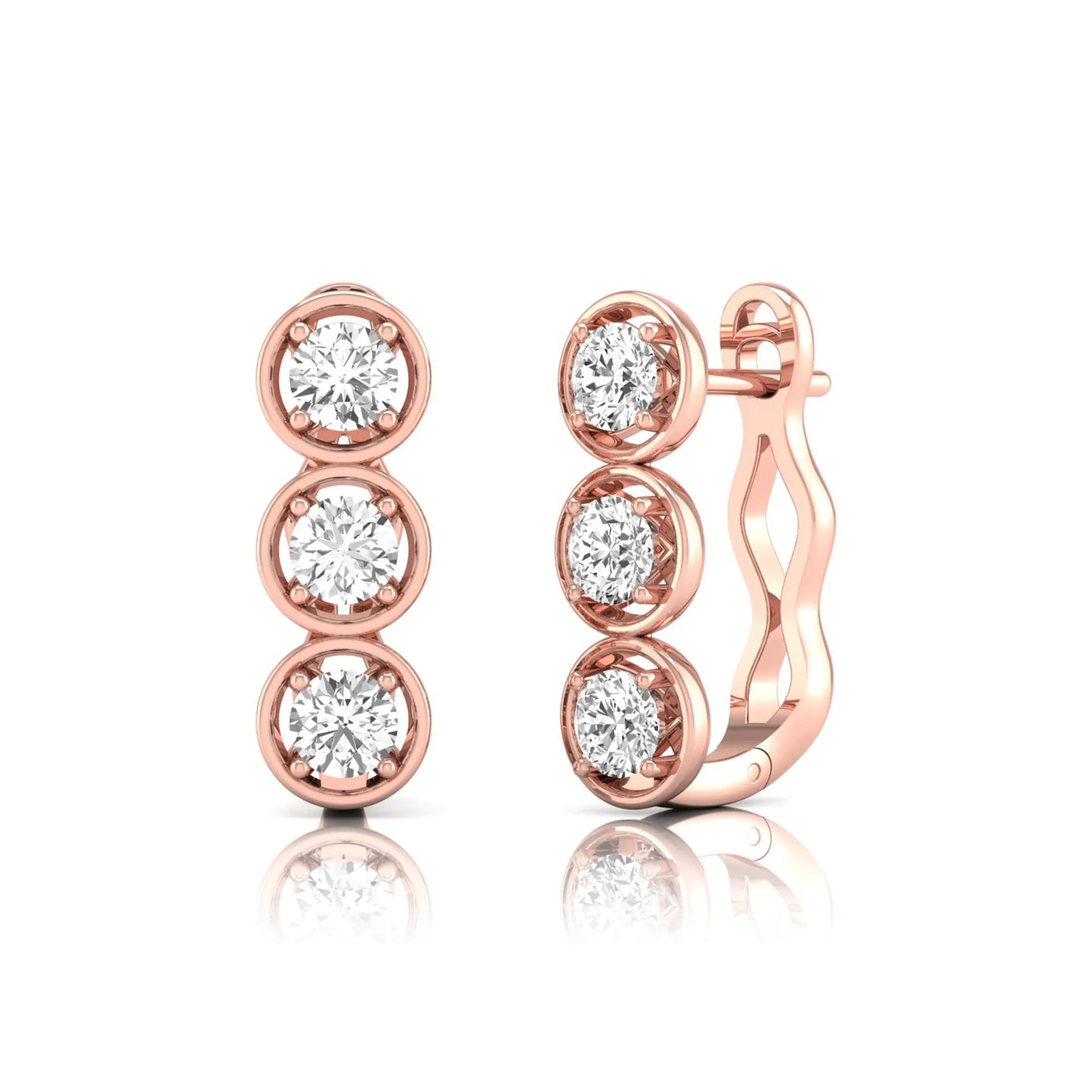 Three stone round cut lab grown diamond hoop earrings featuring bezel-inspired four prong settings, vertical diamond arrangement, hinged snap closure, and rose gold tone.