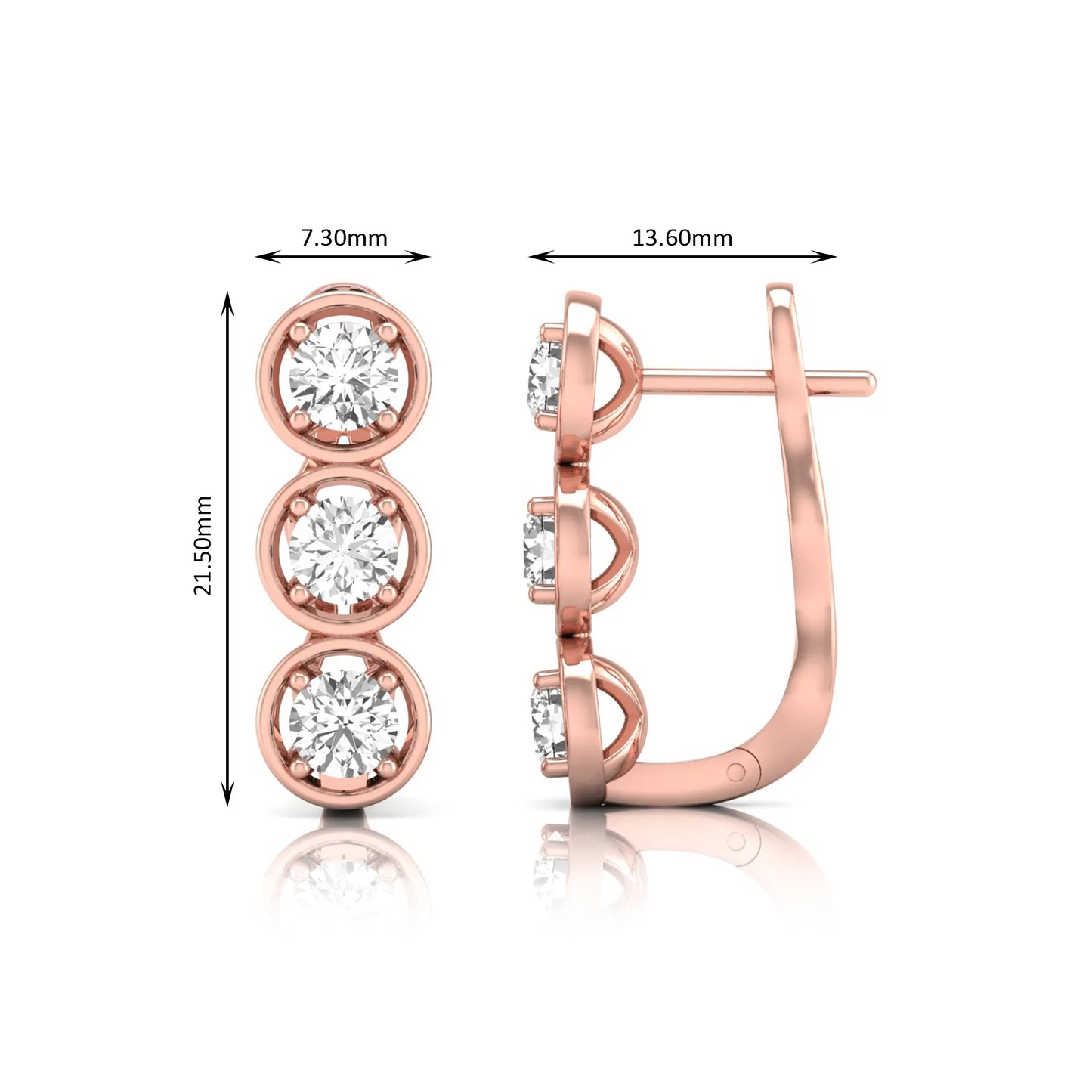 Three stone round cut lab grown diamond hoop earrings featuring bezel-inspired four prong settings, vertical diamond arrangement, hinged snap closure, and rose gold tone.