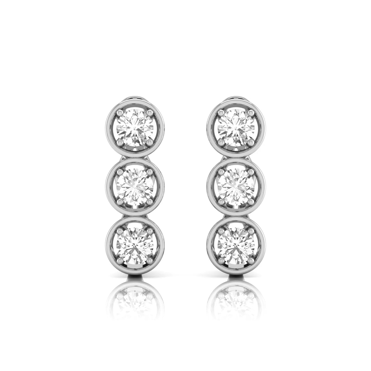 Three stone round cut lab grown diamond hoop earrings featuring bezel-inspired four prong settings, vertical diamond arrangement, hinged snap closure, and white gold tone.