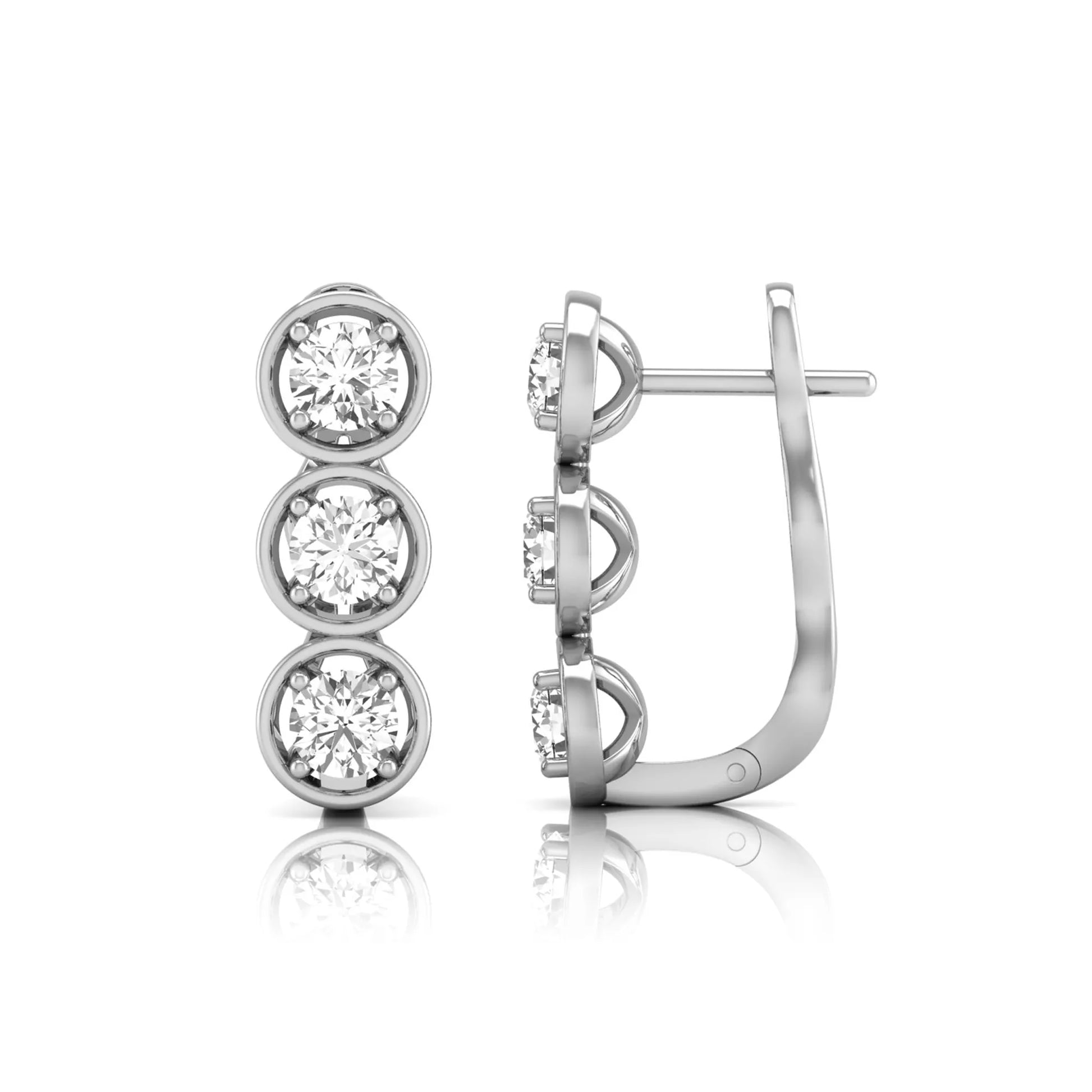 Three stone round cut lab grown diamond hoop earrings featuring bezel-inspired four prong settings, vertical diamond arrangement, hinged snap closure, and white gold tone.