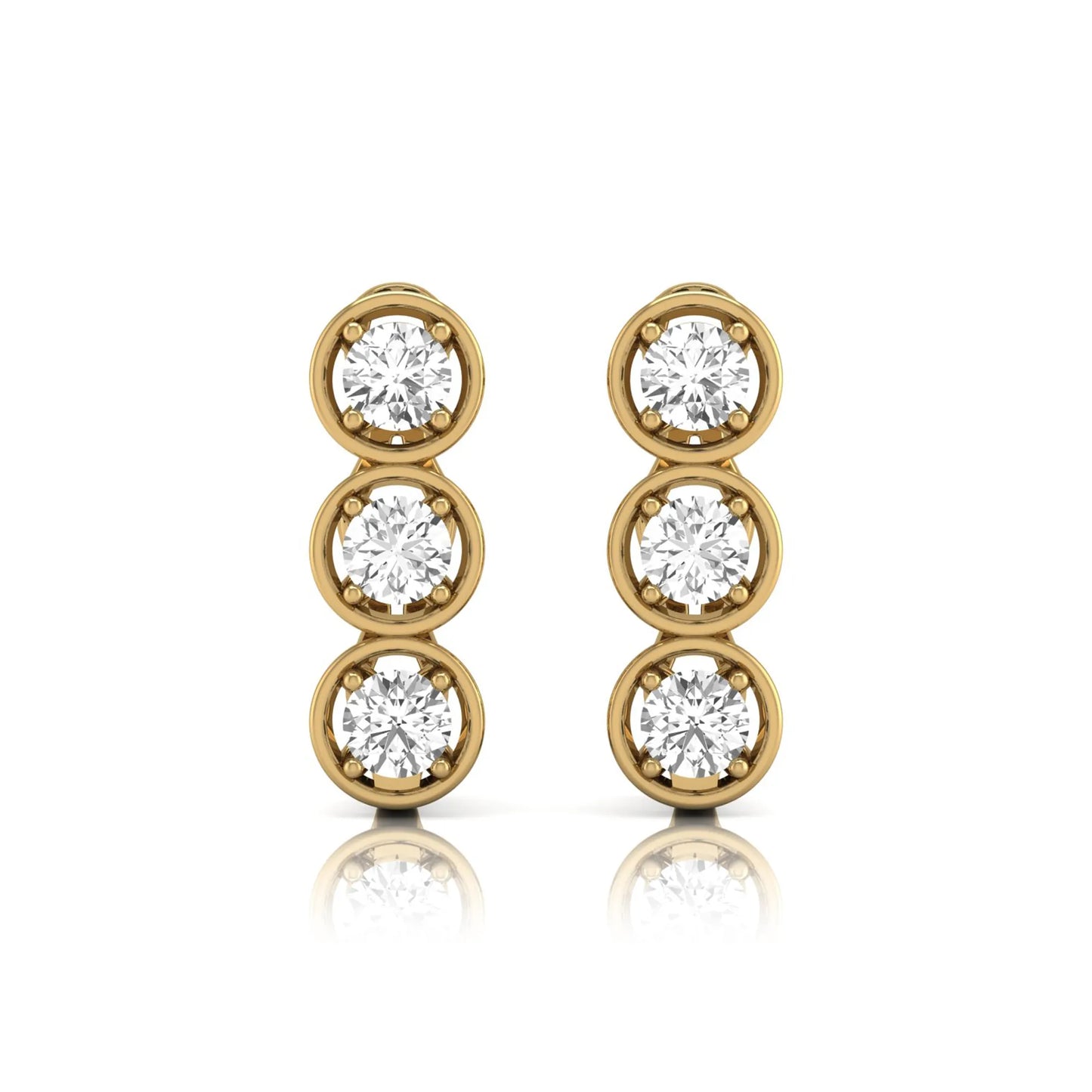 Three stone round cut lab grown diamond hoop earrings featuring bezel-inspired four prong settings, vertical diamond arrangement, hinged snap closure, and yellow gold tone.