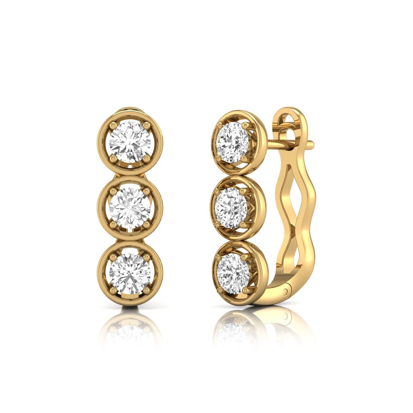 Three stone round cut lab grown diamond hoop earrings featuring bezel-inspired four prong settings, vertical diamond arrangement, hinged snap closure, and yellow gold tone.