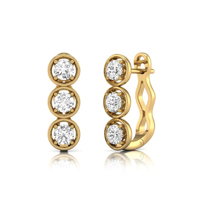 Three stone round cut lab grown diamond hoop earrings featuring bezel-inspired four prong settings, vertical diamond arrangement, hinged snap closure, and yellow gold tone.
