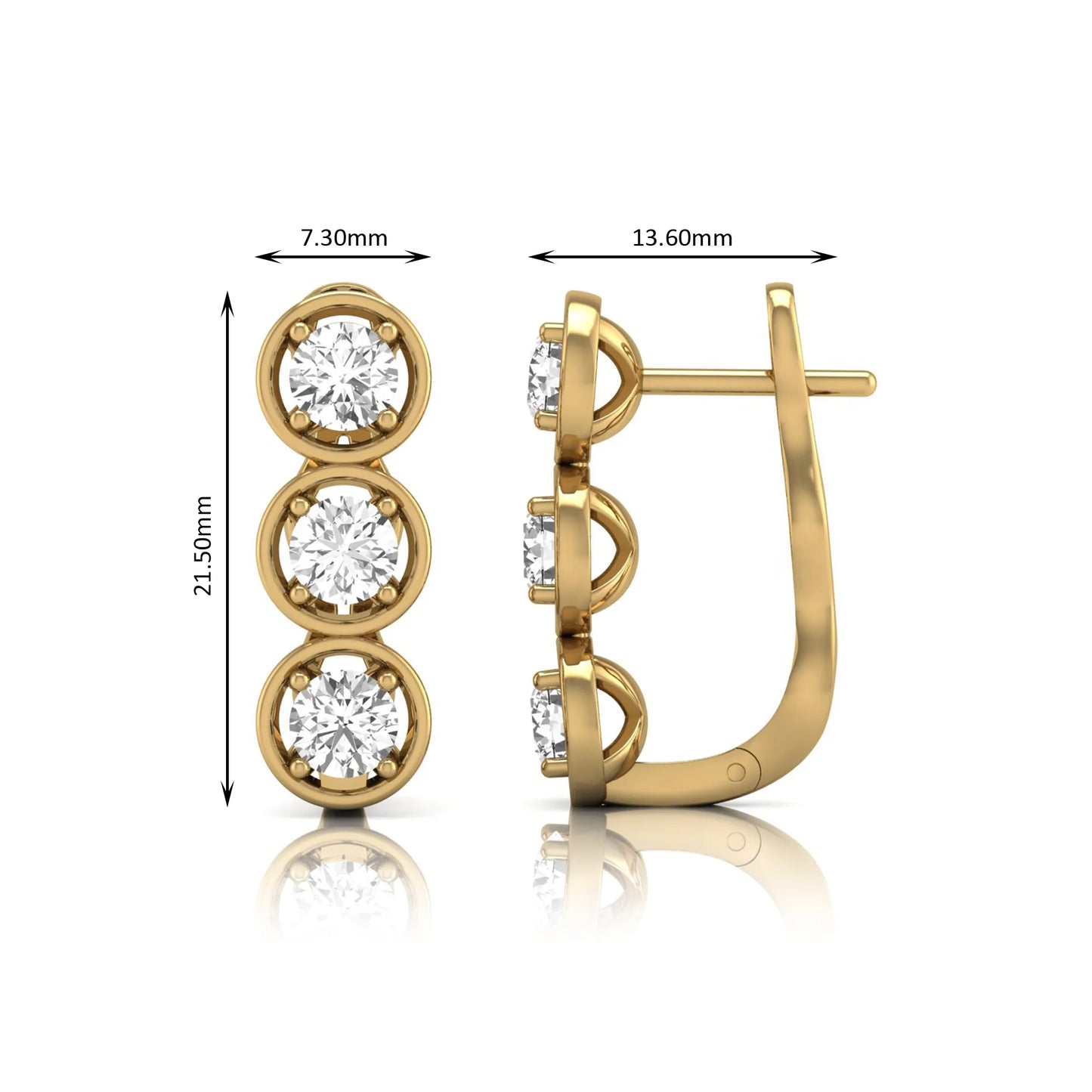 Three stone round cut lab grown diamond hoop earrings featuring bezel-inspired four prong settings, vertical diamond arrangement, hinged snap closure, and yellow gold tone.