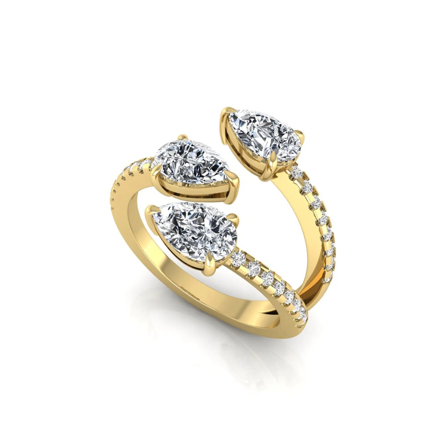 Three stone pear cut lab grown diamond wrap ring featuring round diamond accents and pavé shoulders in polished yellow gold.