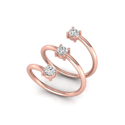 Three stone spiral wrap ring featuring round cut lab grown diamonds in polished rose gold