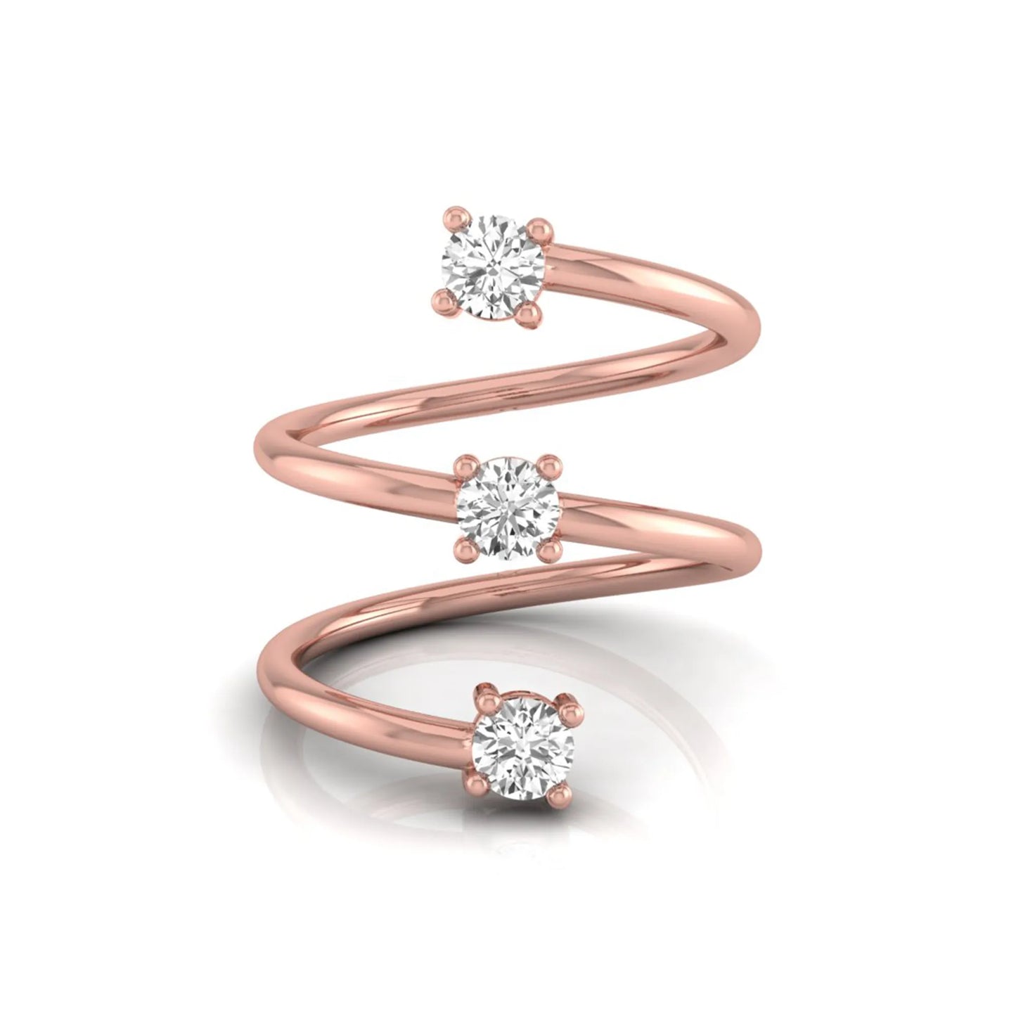 Three stone spiral wrap ring featuring round cut lab grown diamonds in polished rose gold