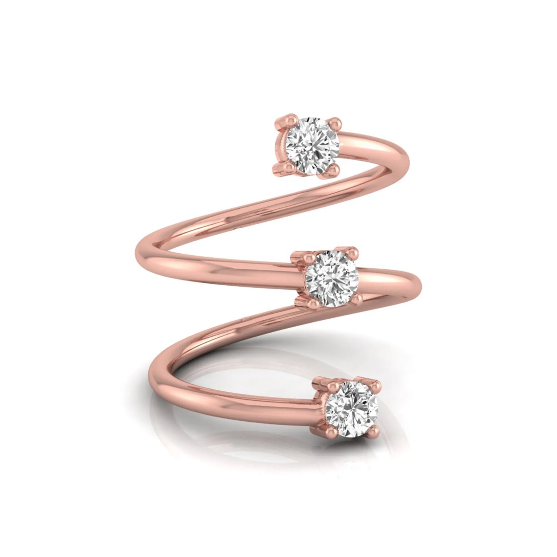 Three stone spiral wrap ring featuring round cut lab grown diamonds in polished rose gold