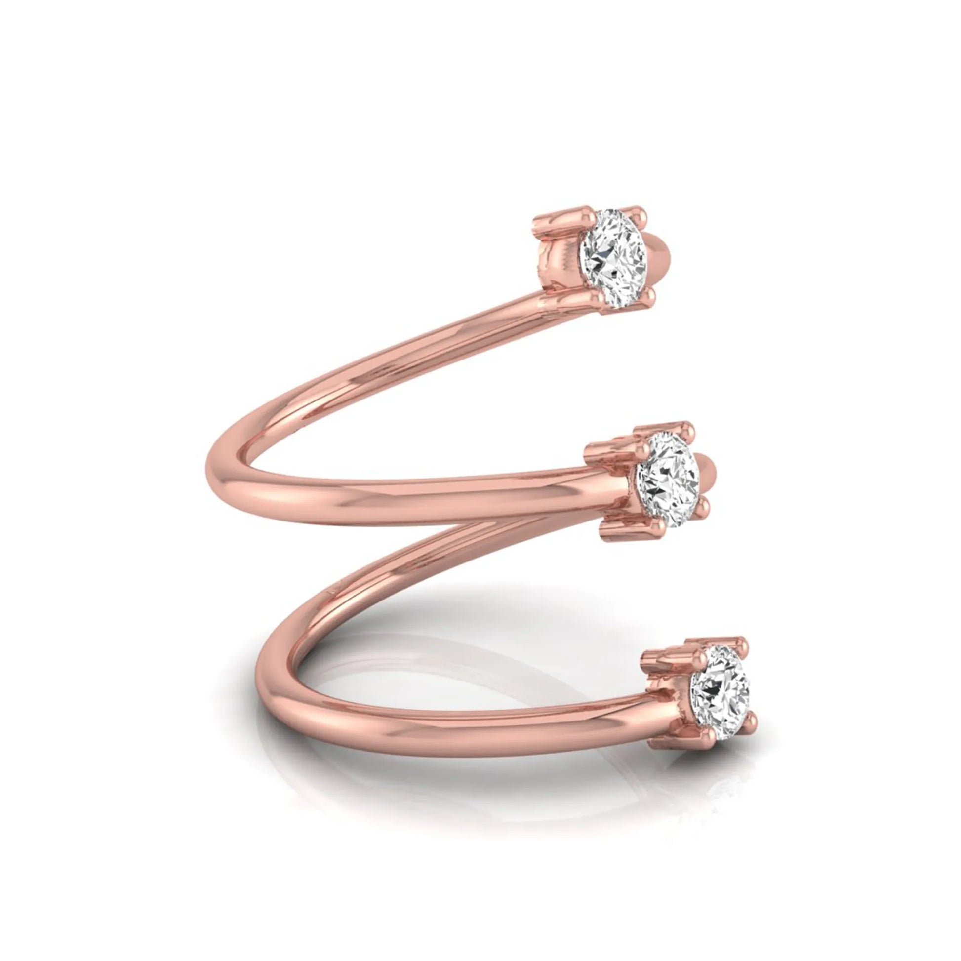 Three stone spiral wrap ring featuring round cut lab grown diamonds in polished rose gold