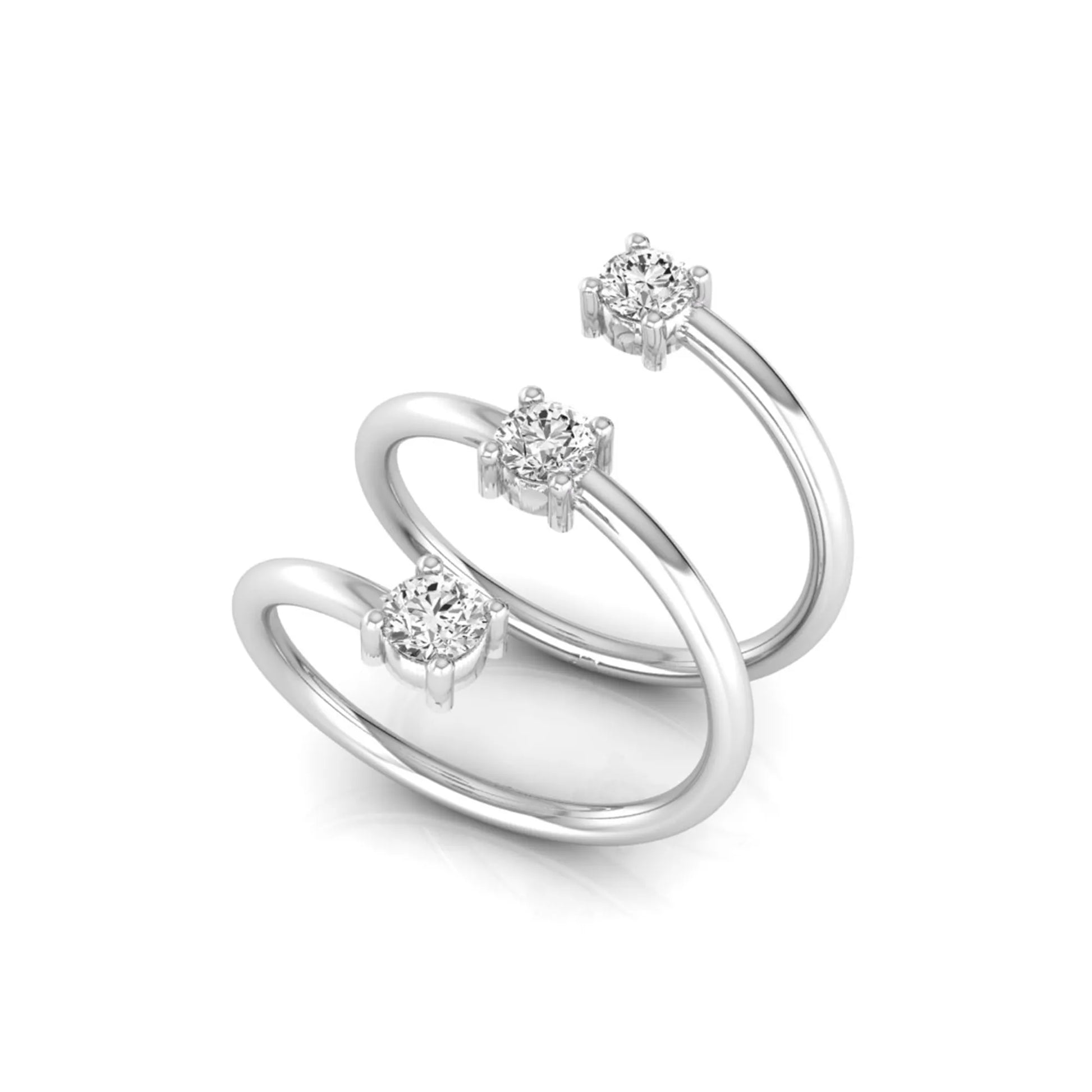 Three stone spiral wrap ring featuring round cut lab grown diamonds in polished white gold