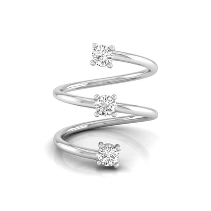 Three stone spiral wrap ring featuring round cut lab grown diamonds in polished white gold