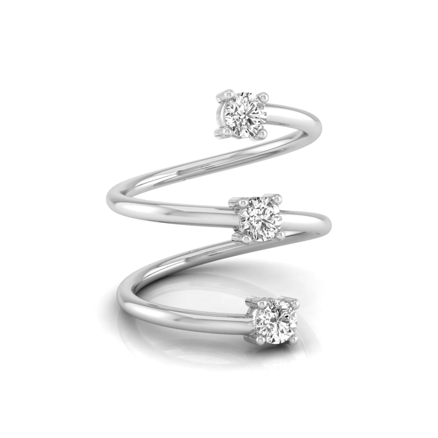 Three stone spiral wrap ring featuring round cut lab grown diamonds in polished white gold
