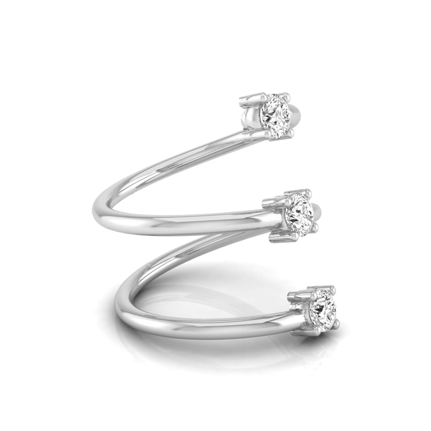 Three stone spiral wrap ring featuring round cut lab grown diamonds in polished white gold