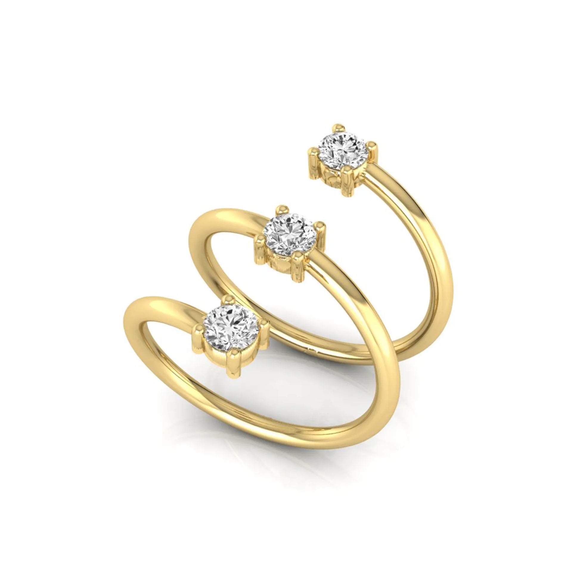 Three stone spiral wrap ring featuring round cut lab grown diamonds in polished yellow gold
