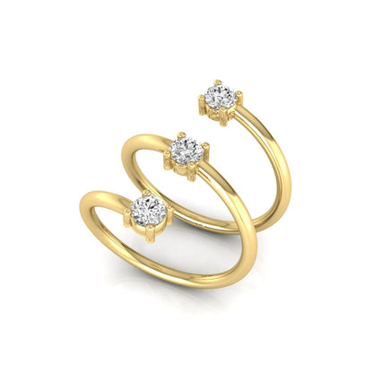 Three stone spiral wrap ring featuring round cut lab grown diamonds in polished yellow gold