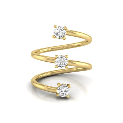 Three stone spiral wrap ring featuring round cut lab grown diamonds in polished yellow gold