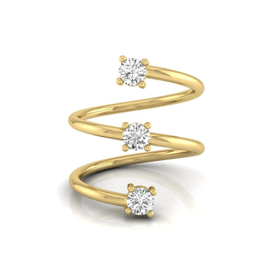Three stone spiral wrap ring featuring round cut lab grown diamonds in polished yellow gold