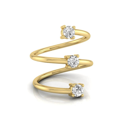 Three stone spiral wrap ring featuring round cut lab grown diamonds in polished yellow gold