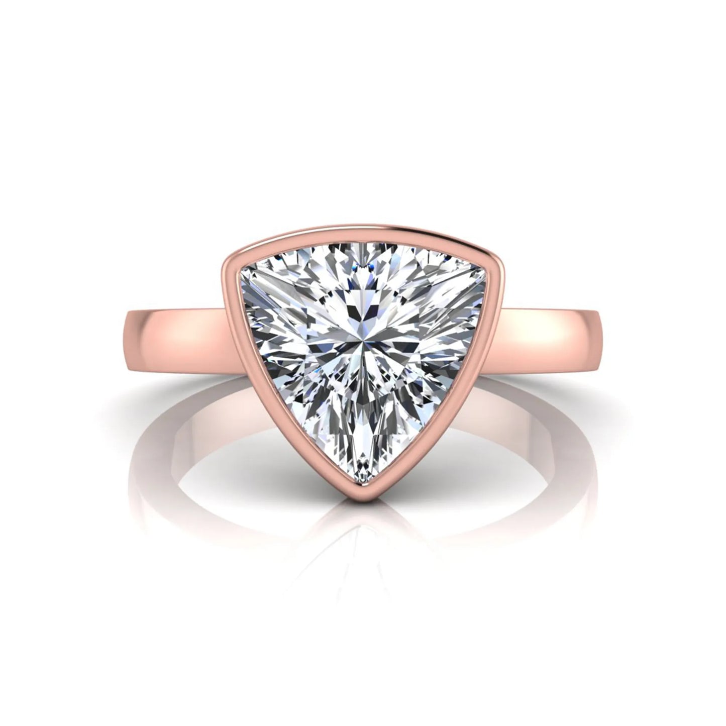 Trillion cut lab grown diamond bezel solitaire engagement ring in rose gold with IGI certified center diamond.