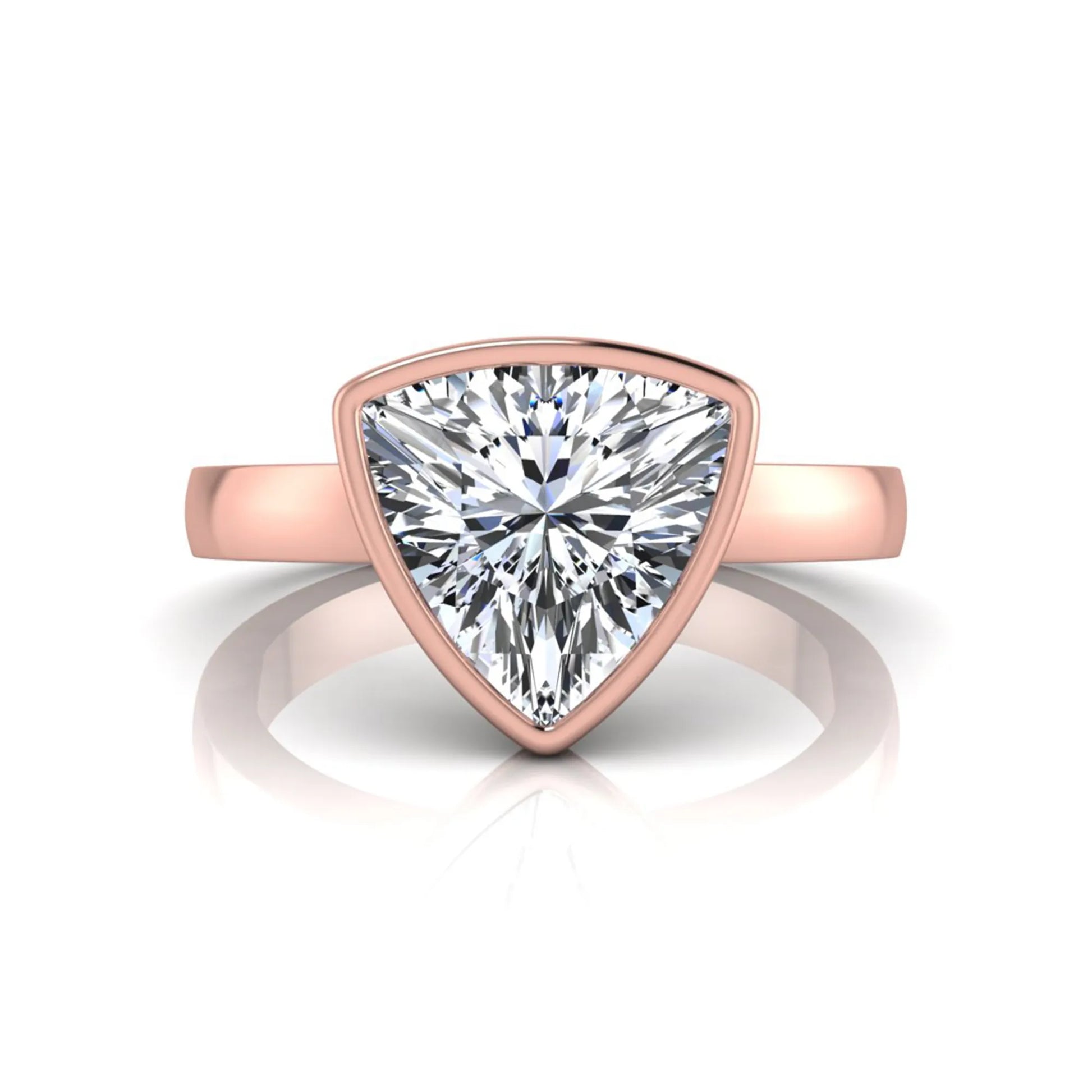 Trillion cut lab grown diamond bezel solitaire engagement ring in rose gold with IGI certified center diamond.