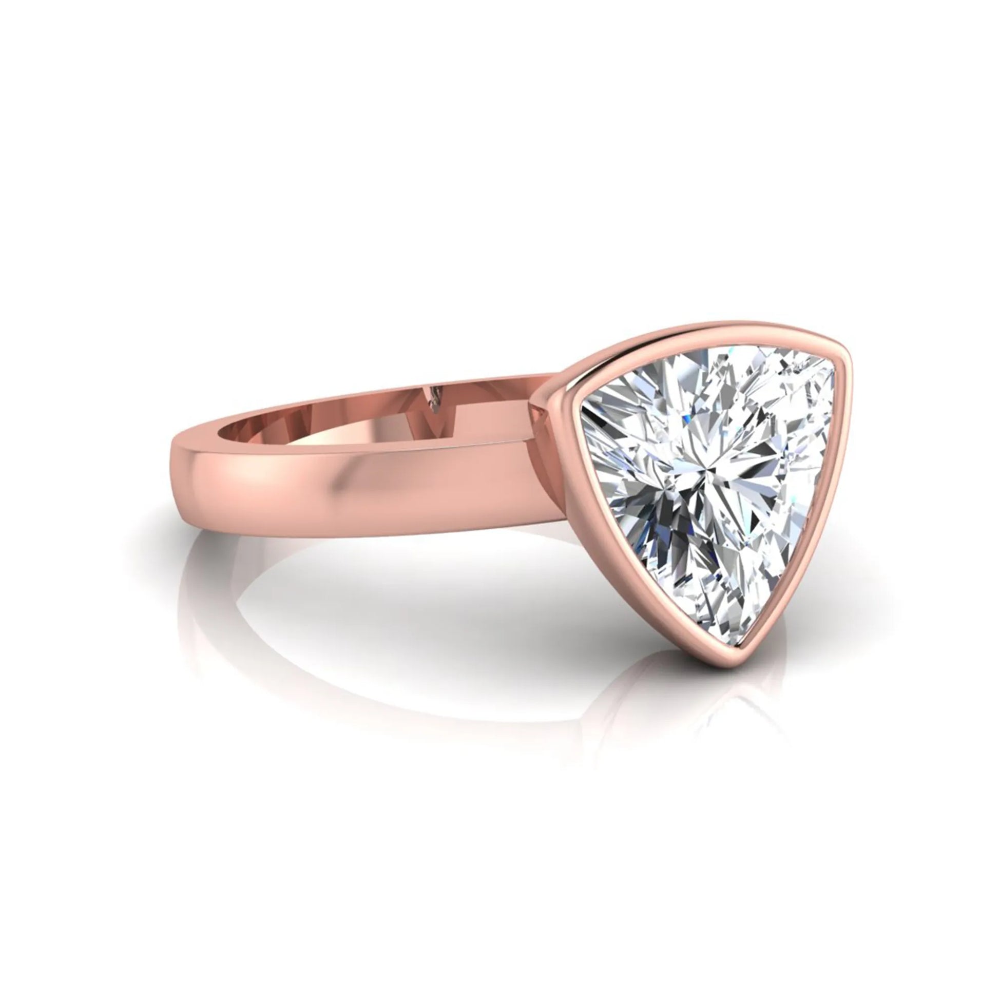 Trillion cut lab grown diamond bezel solitaire engagement ring in rose gold with IGI certified center diamond.