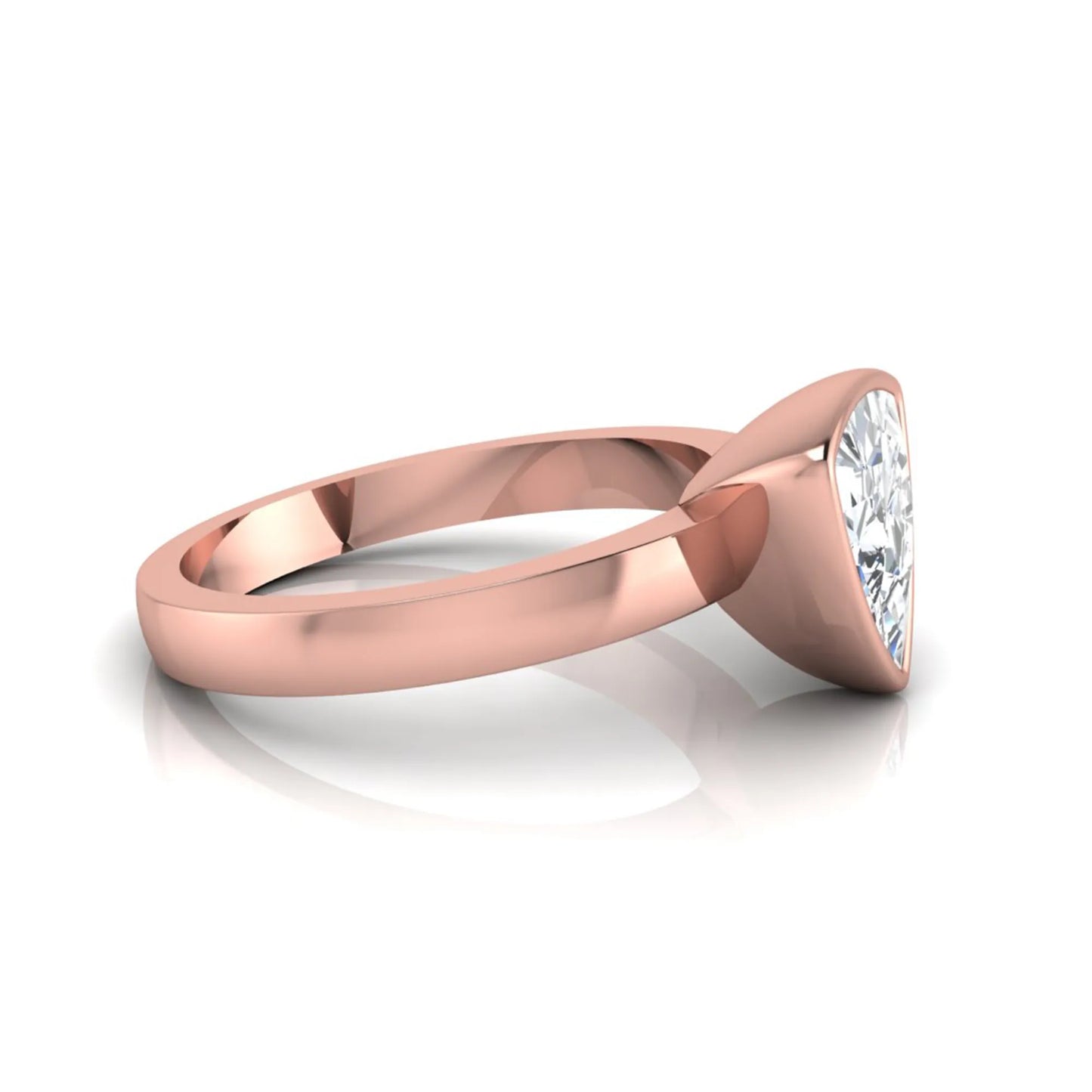 Trillion cut lab grown diamond bezel solitaire engagement ring in rose gold with IGI certified center diamond.