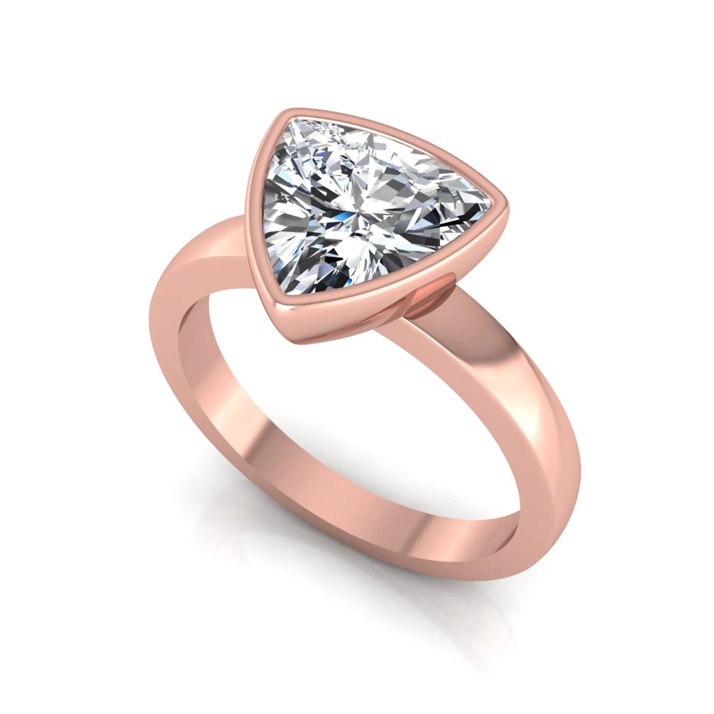 Trillion cut lab grown diamond bezel solitaire engagement ring in rose gold with IGI certified center diamond.
