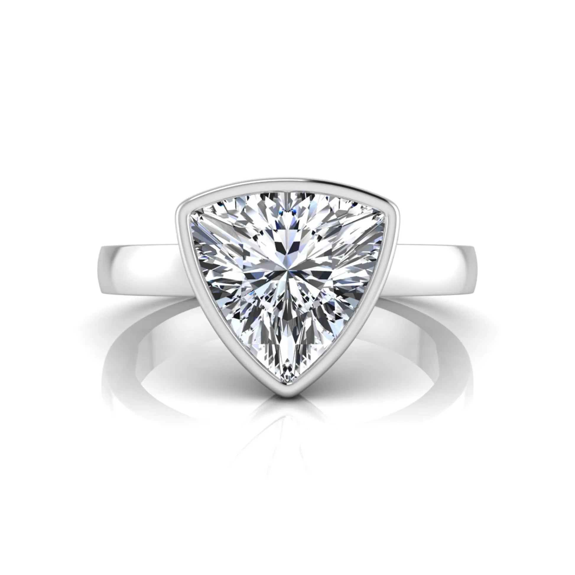 Trillion cut lab grown diamond bezel solitaire engagement ring in white gold with IGI certified center diamond.