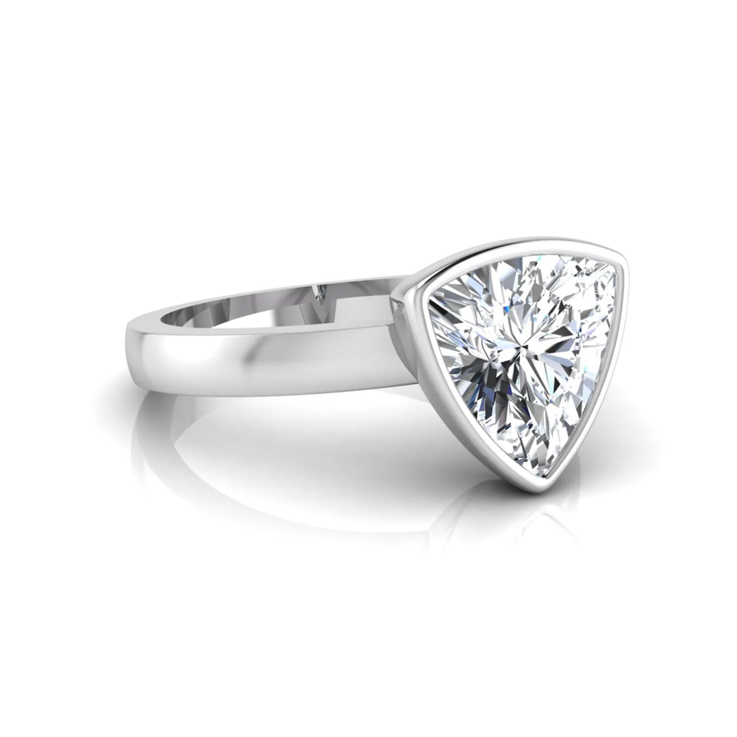 Trillion cut lab grown diamond bezel solitaire engagement ring in white gold with IGI certified center diamond.
