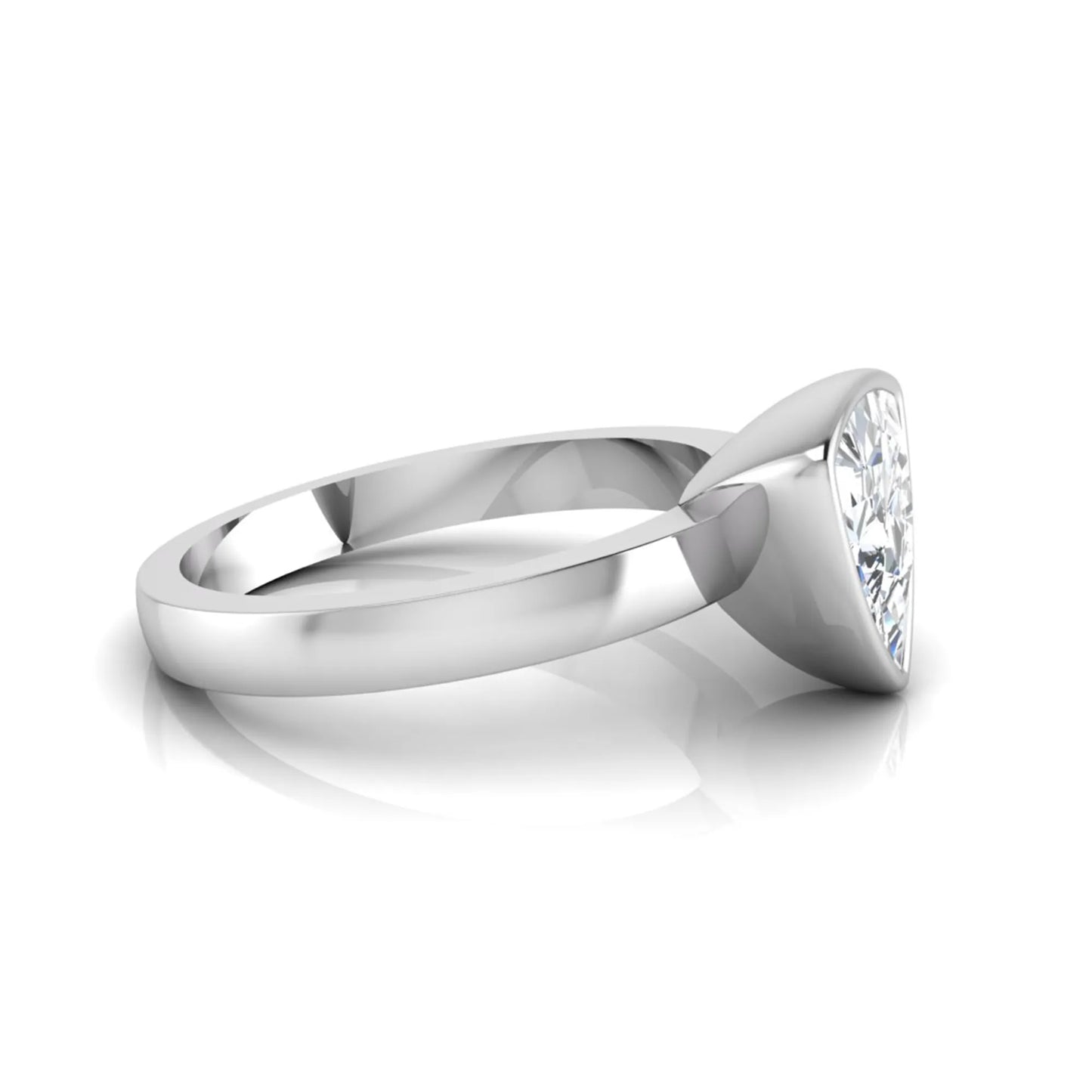 Trillion cut lab grown diamond bezel solitaire engagement ring in white gold with IGI certified center diamond.