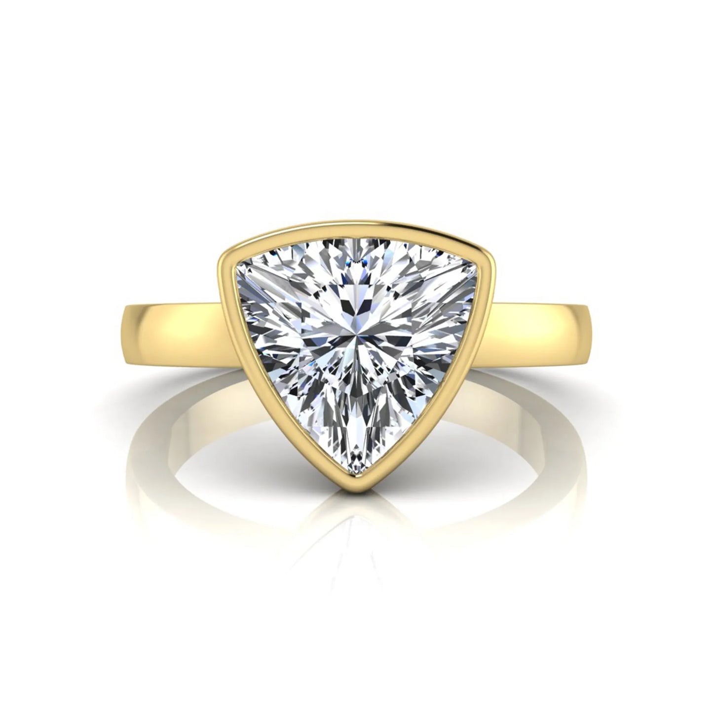 Trillion cut lab grown diamond bezel solitaire engagement ring in yellow gold with IGI certified center diamond.