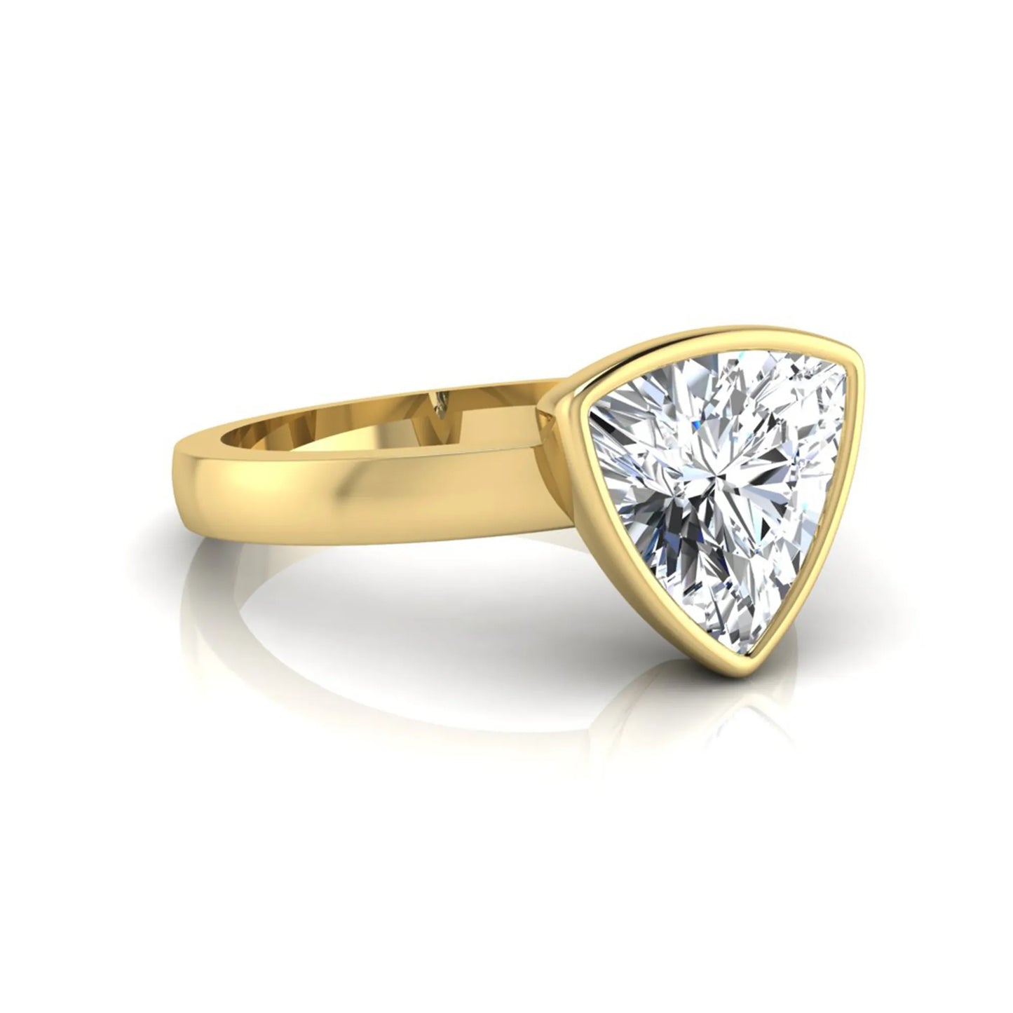 Trillion cut lab grown diamond bezel solitaire engagement ring in yellow gold with IGI certified center diamond.