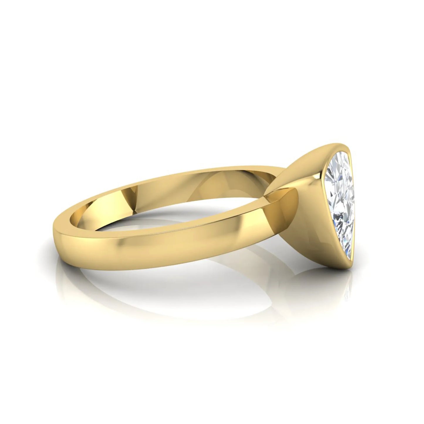 Trillion cut lab grown diamond bezel solitaire engagement ring in yellow gold with IGI certified center diamond.