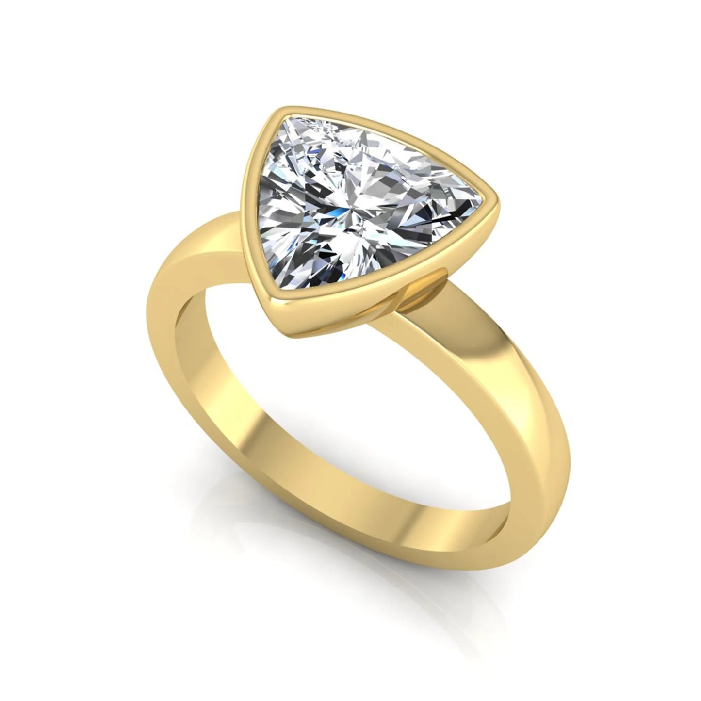 Trillion cut lab grown diamond bezel solitaire engagement ring in yellow gold with IGI certified center diamond.