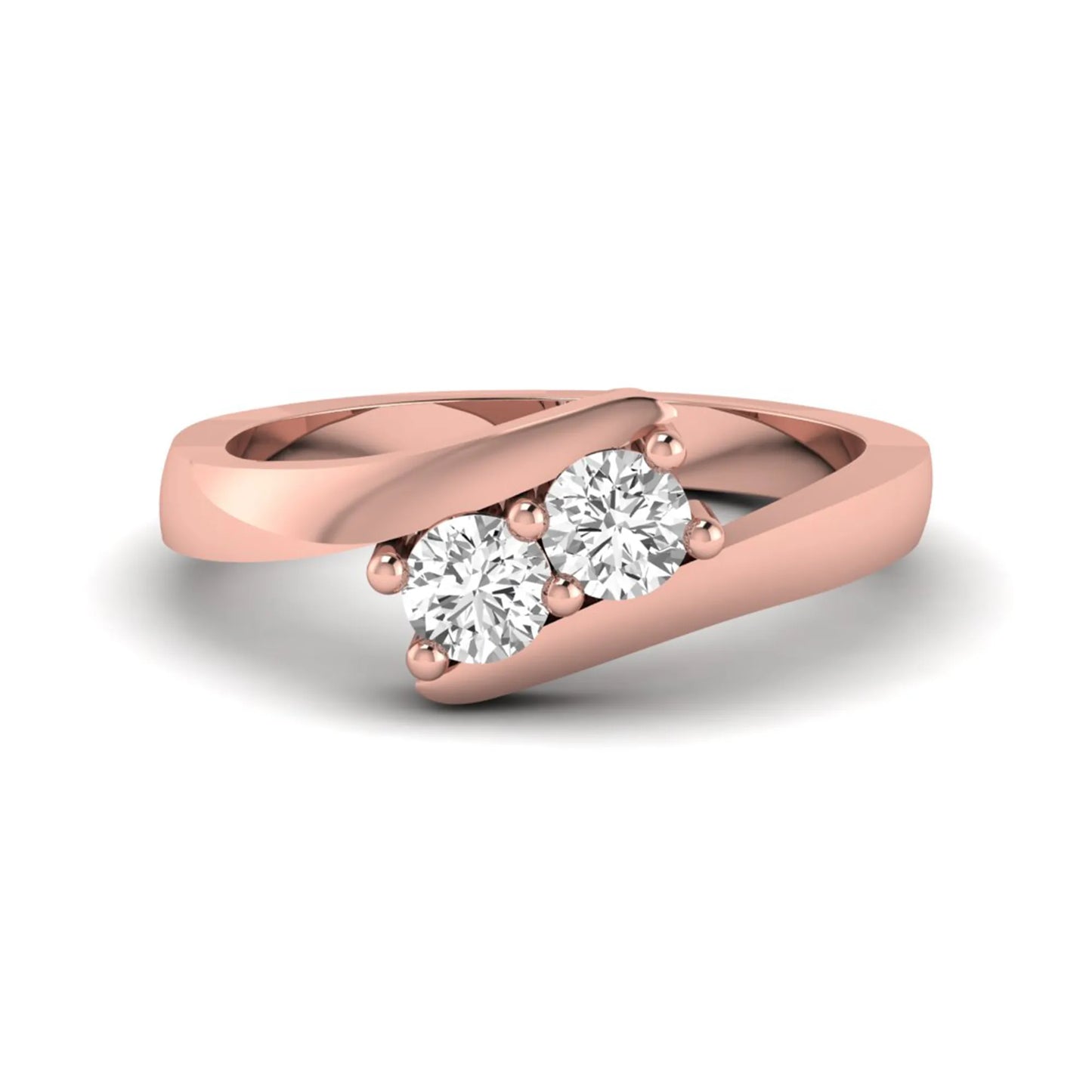 Two stone round cut lab grown diamond bypass ring featuring a graceful crossover rose gold band