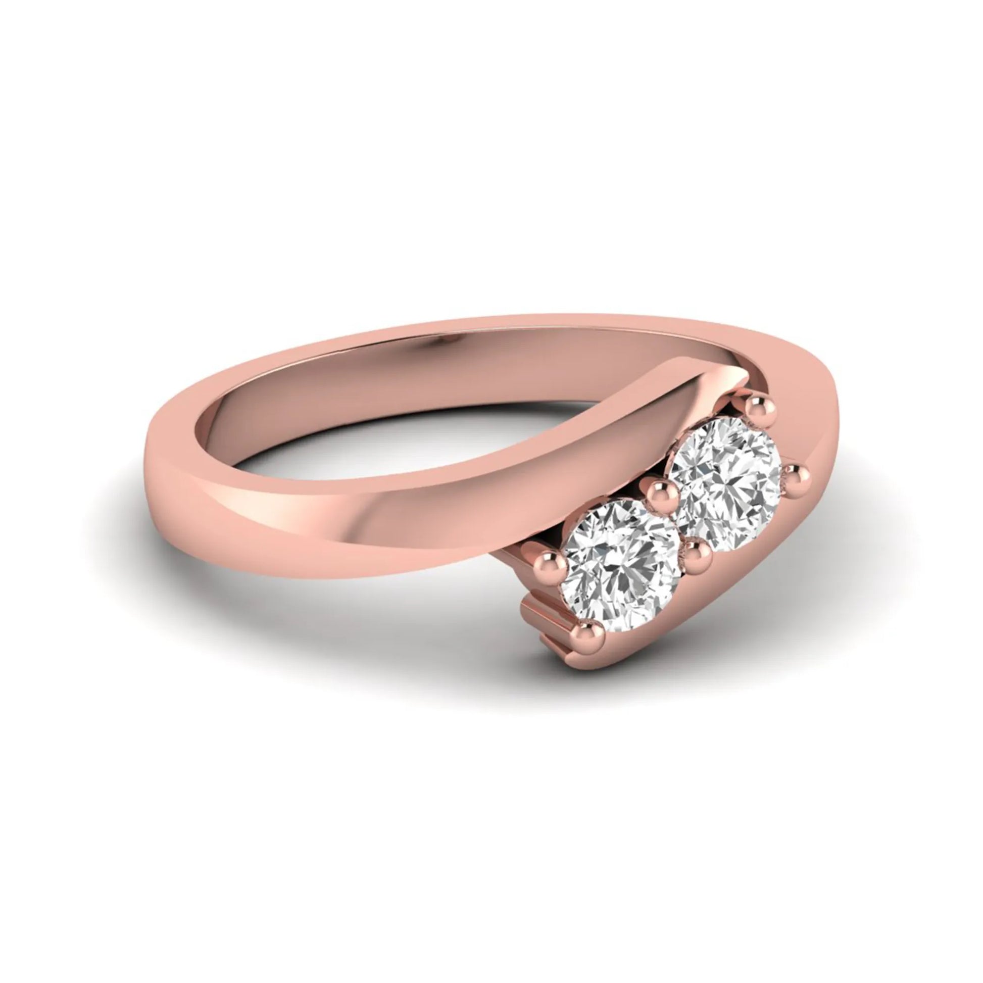 Two stone round cut lab grown diamond bypass ring featuring a graceful crossover rose gold band